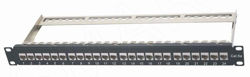 111401. 24 Port CAT.6A STP Shielded Patch Panel 10GB with Back Bar 19 Inch 1U